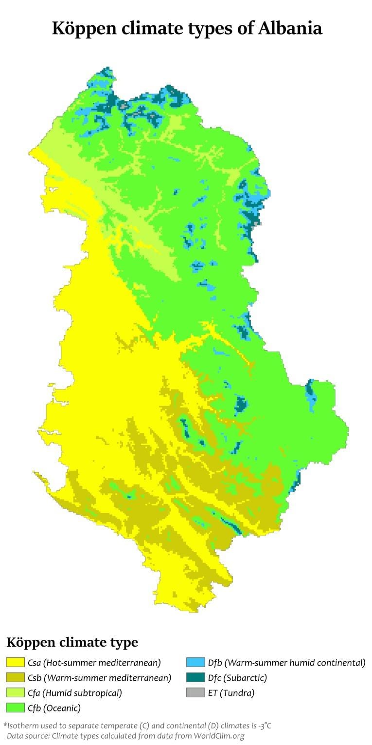 नक्शे की जलवायु अल्बानिया